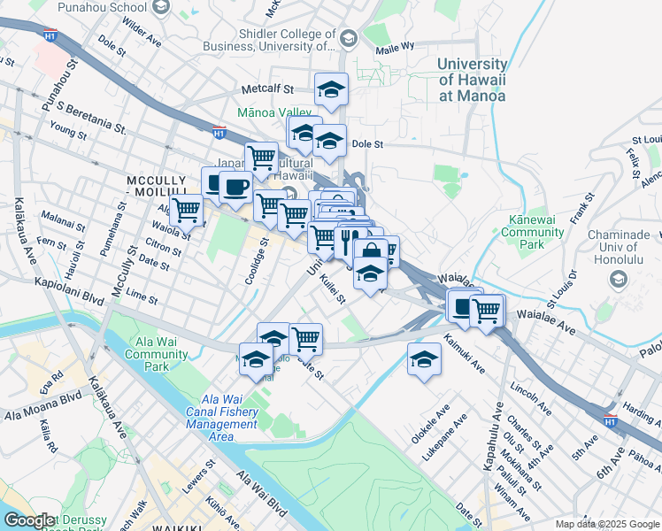 map of restaurants, bars, coffee shops, grocery stores, and more near 2645 South King Street in Honolulu