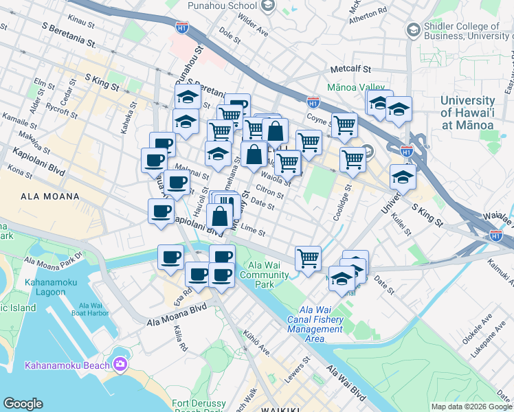 map of restaurants, bars, coffee shops, grocery stores, and more near 2113 Date Street in Honolulu