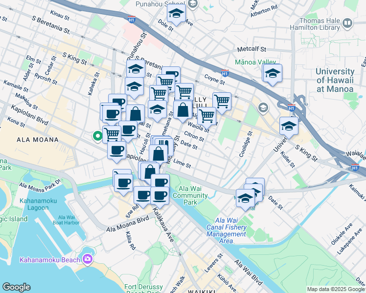 map of restaurants, bars, coffee shops, grocery stores, and more near 761 McCully Street in Honolulu