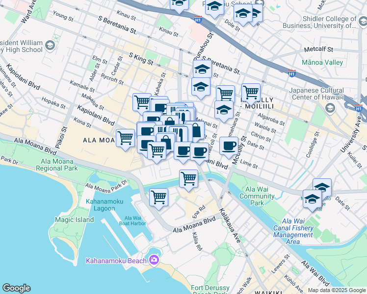 map of restaurants, bars, coffee shops, grocery stores, and more near 1745 Kalakaua Avenue in Honolulu