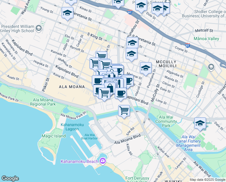map of restaurants, bars, coffee shops, grocery stores, and more near in Honolulu