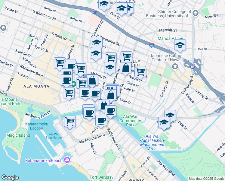 map of restaurants, bars, coffee shops, grocery stores, and more near 1905 Fern Street in Honolulu