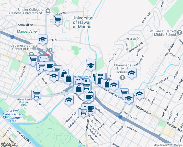 map of restaurants, bars, coffee shops, grocery stores, and more near 2940 Kamakini Street in Honolulu
