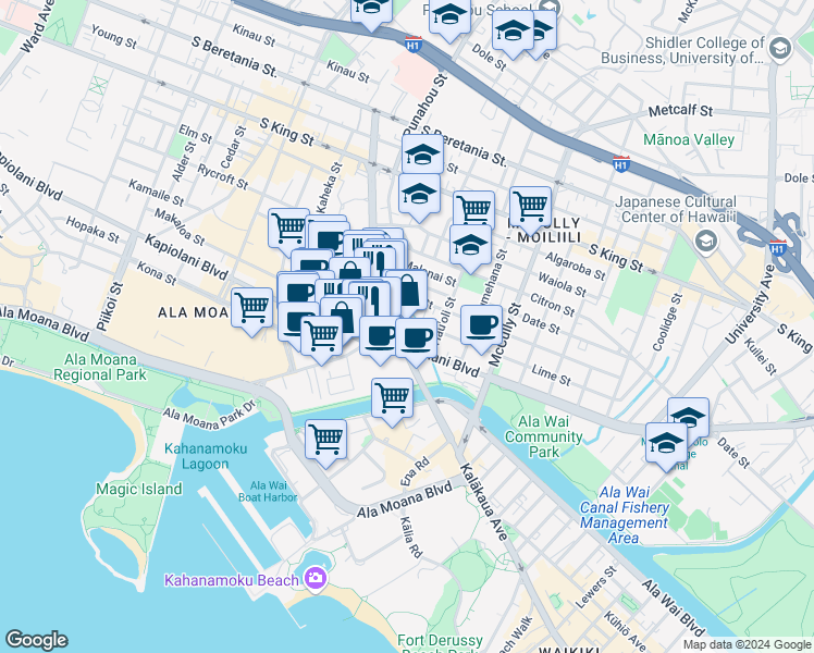map of restaurants, bars, coffee shops, grocery stores, and more near 1745 Kalakaua Avenue in Honolulu