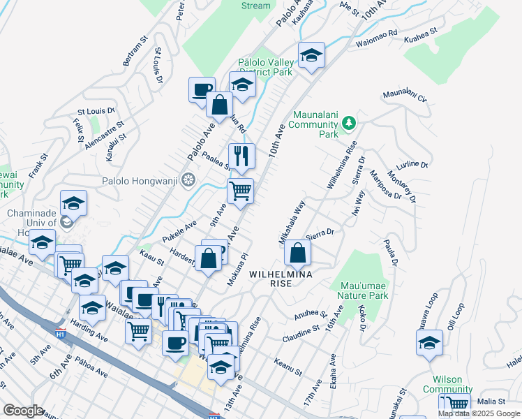 map of restaurants, bars, coffee shops, grocery stores, and more near 1715 10th Avenue in Honolulu