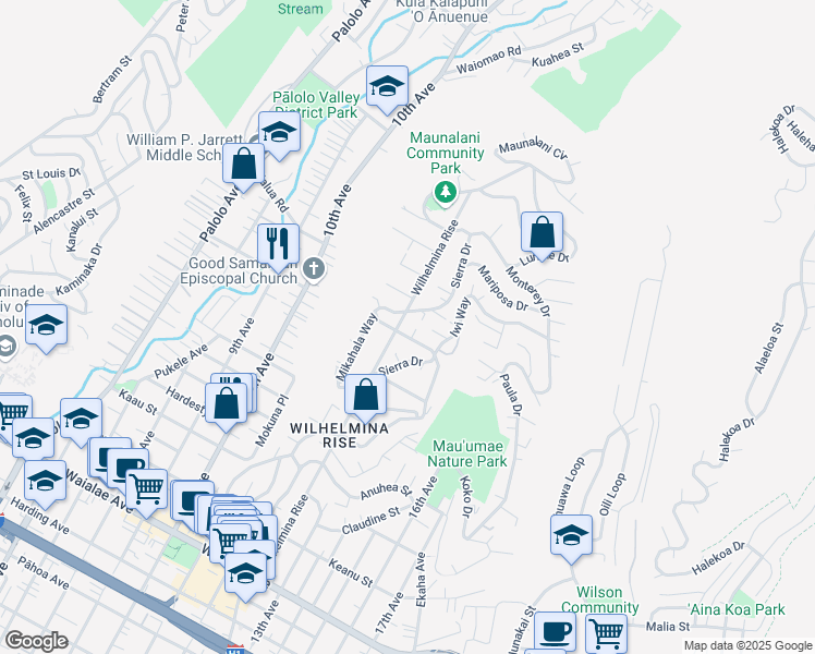 map of restaurants, bars, coffee shops, grocery stores, and more near 4243 Sierra Drive in Honolulu