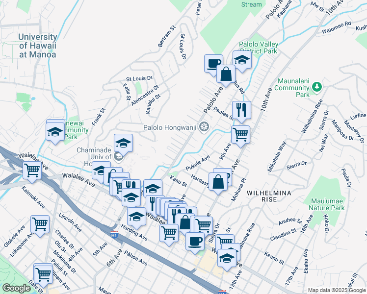 map of restaurants, bars, coffee shops, grocery stores, and more near 1533 Palolo Avenue in Honolulu