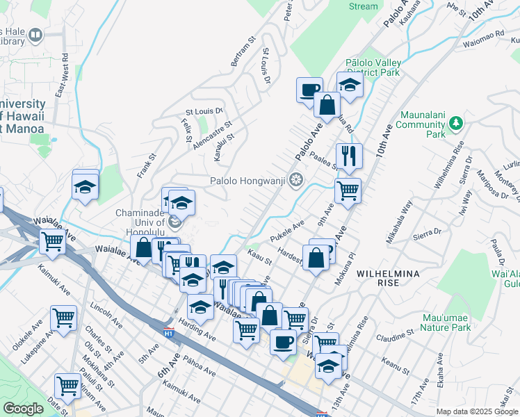 map of restaurants, bars, coffee shops, grocery stores, and more near 1508C Palolo Avenue in Honolulu