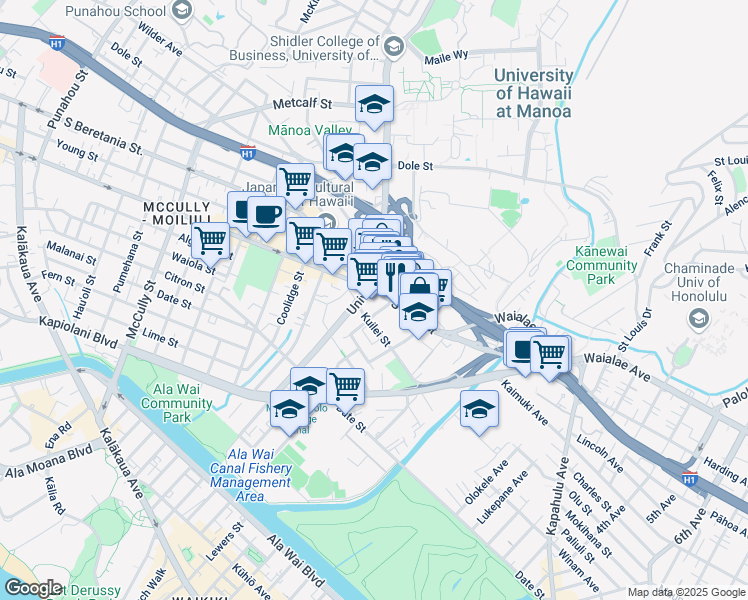 map of restaurants, bars, coffee shops, grocery stores, and more near 2645 South King Street in Honolulu