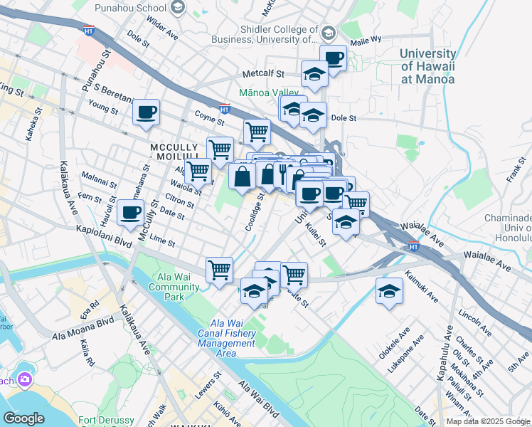 map of restaurants, bars, coffee shops, grocery stores, and more near 835 Kapaakea Lane in Honolulu
