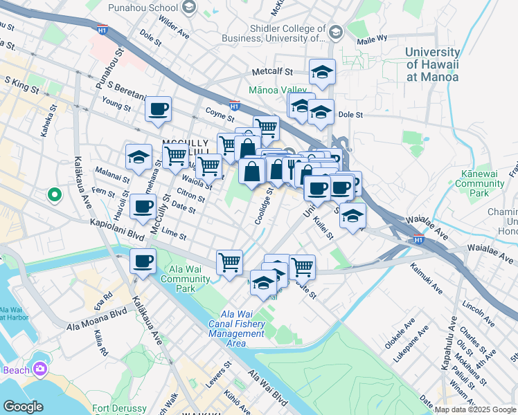 map of restaurants, bars, coffee shops, grocery stores, and more near 808 Coolidge Street in Honolulu