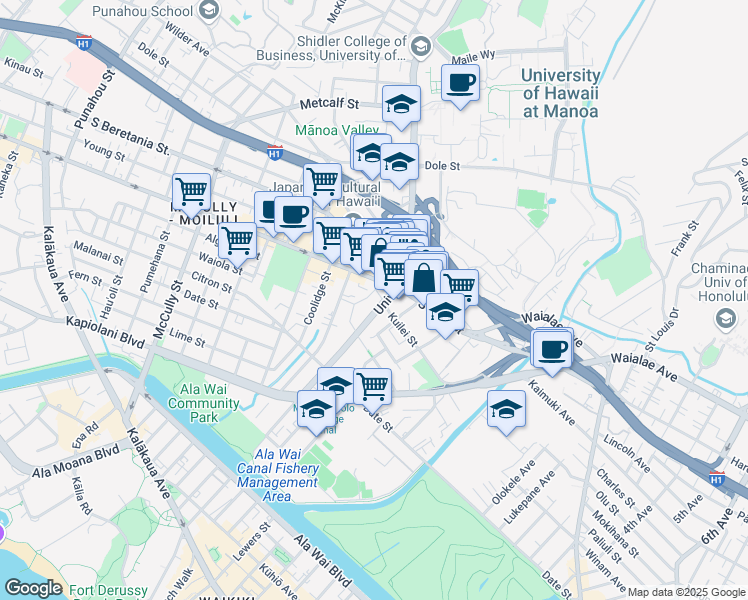 map of restaurants, bars, coffee shops, grocery stores, and more near 908 University Avenue in Honolulu