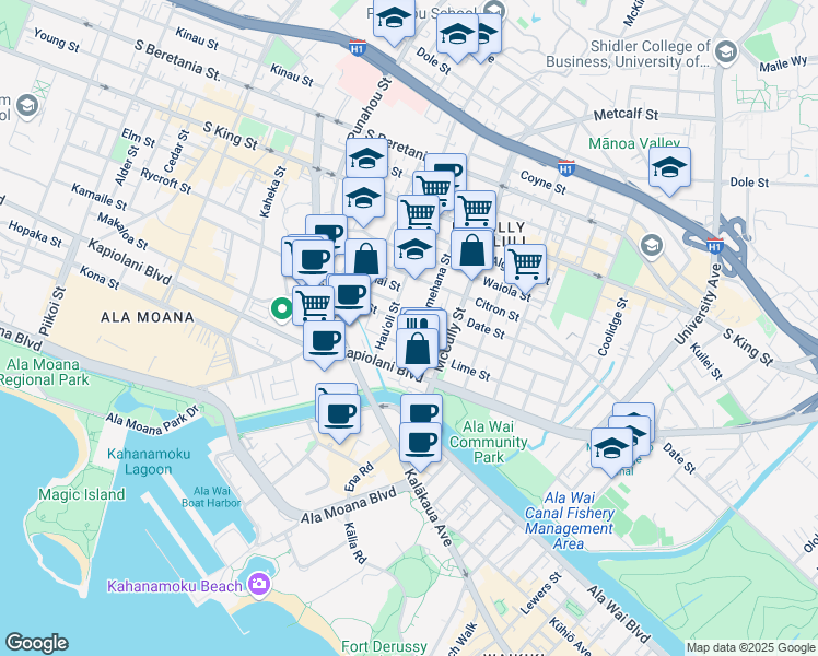 map of restaurants, bars, coffee shops, grocery stores, and more near 1825 Fern Street in Honolulu