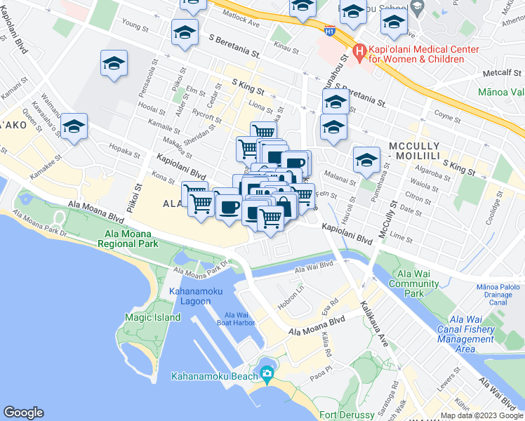 map of restaurants, bars, coffee shops, grocery stores, and more near 1637 Kapiolani Boulevard in Honolulu