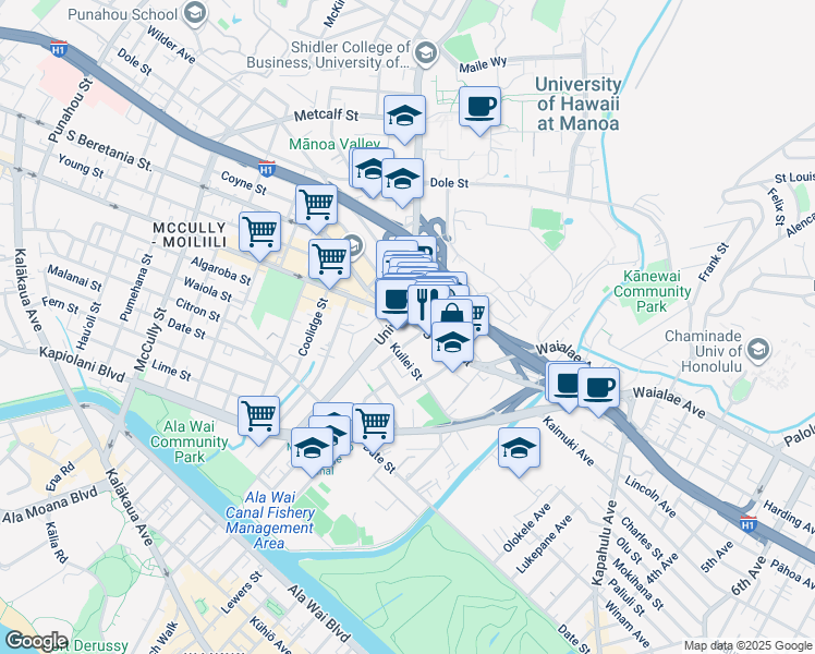 map of restaurants, bars, coffee shops, grocery stores, and more near 2645 South King Street in Honolulu