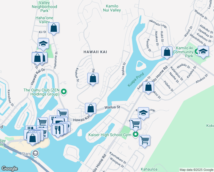 map of restaurants, bars, coffee shops, grocery stores, and more near 7131 Makaa Street in Honolulu