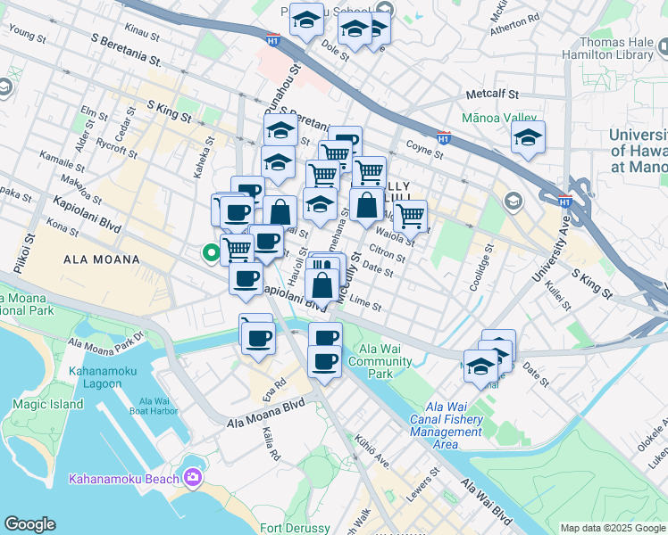 map of restaurants, bars, coffee shops, grocery stores, and more near 731 Pumehana Street in Honolulu