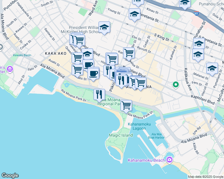 map of restaurants, bars, coffee shops, grocery stores, and more near 1360 Ala Moana Boulevard in Honolulu