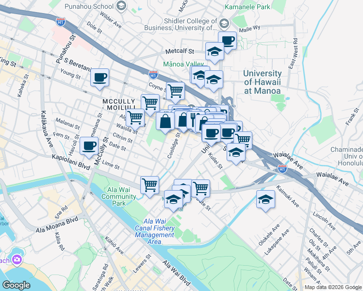 map of restaurants, bars, coffee shops, grocery stores, and more near 835 Kapaakea Lane in Honolulu