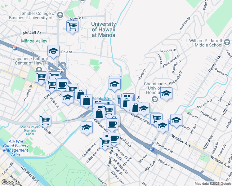 map of restaurants, bars, coffee shops, grocery stores, and more near 2940 Kamakini Street in Honolulu