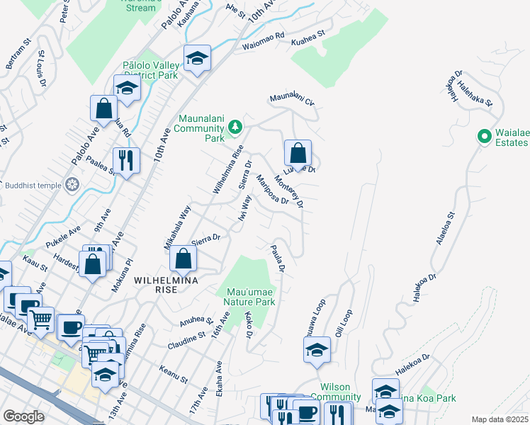 map of restaurants, bars, coffee shops, grocery stores, and more near 3934 Nioi Place in Honolulu