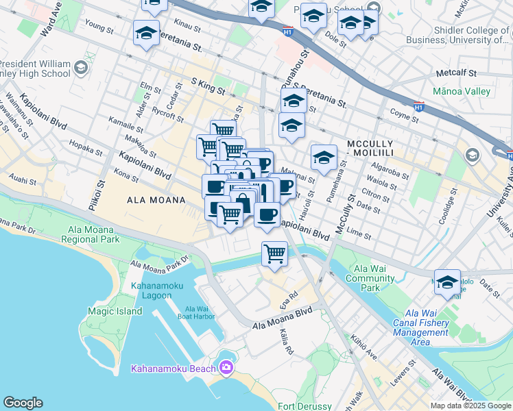 map of restaurants, bars, coffee shops, grocery stores, and more near in Honolulu