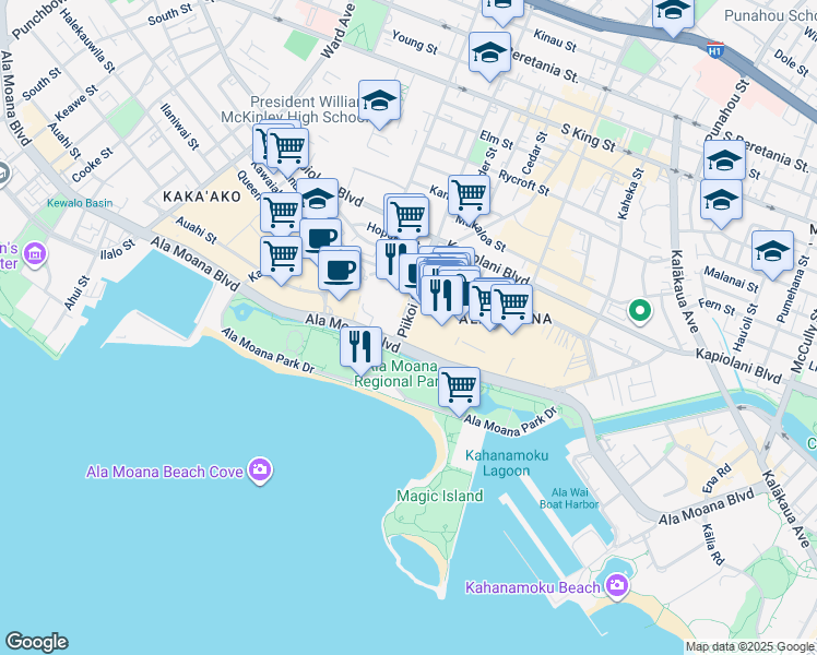 map of restaurants, bars, coffee shops, grocery stores, and more near 1360 Ala Moana Boulevard in Honolulu