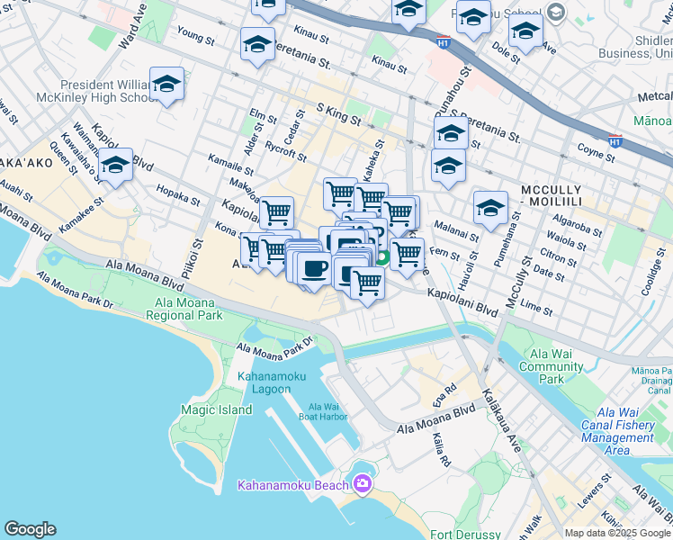 map of restaurants, bars, coffee shops, grocery stores, and more near 1 Mahukona Street in Honolulu