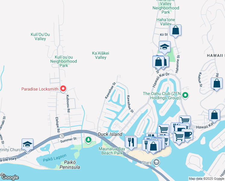map of restaurants, bars, coffee shops, grocery stores, and more near 351 Kawaihae Street in Honolulu