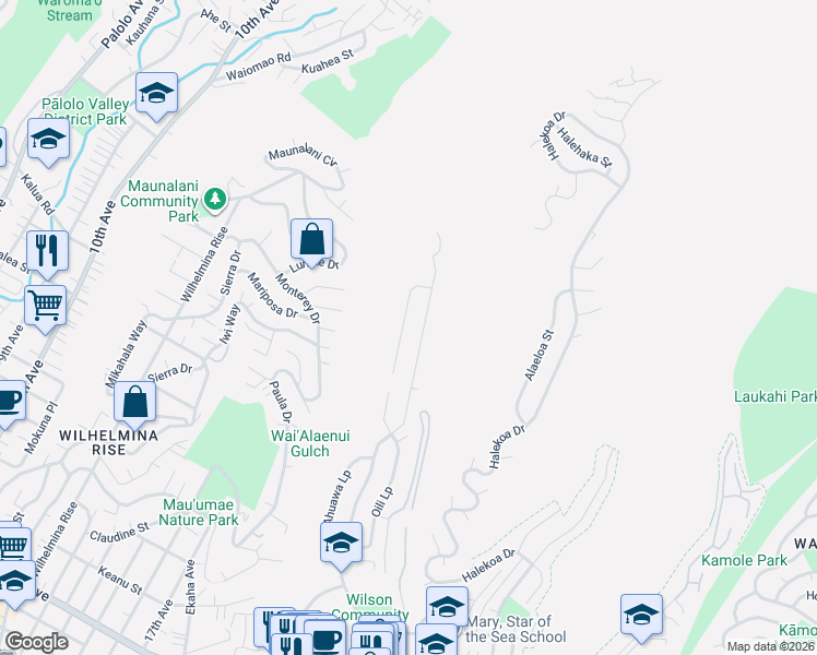 map of restaurants, bars, coffee shops, grocery stores, and more near 5328 Malu Place in Honolulu