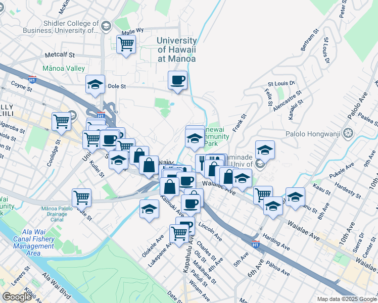map of restaurants, bars, coffee shops, grocery stores, and more near in Honolulu