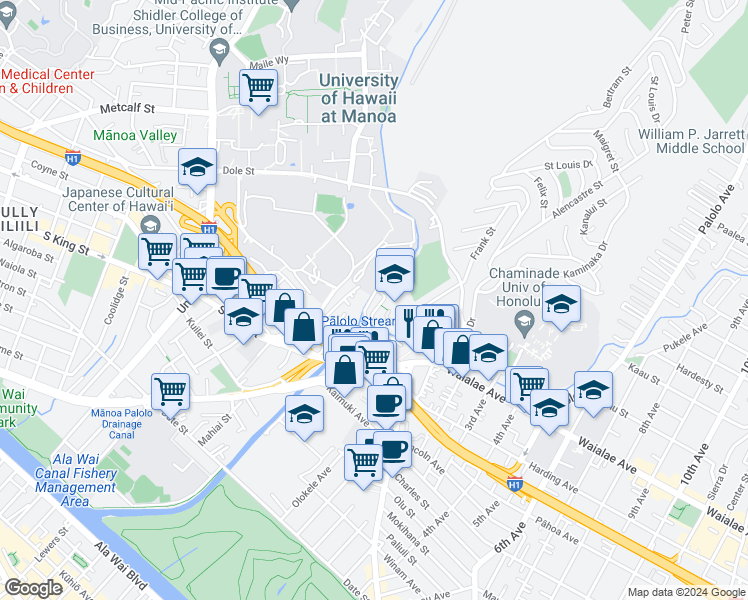 map of restaurants, bars, coffee shops, grocery stores, and more near in Honolulu