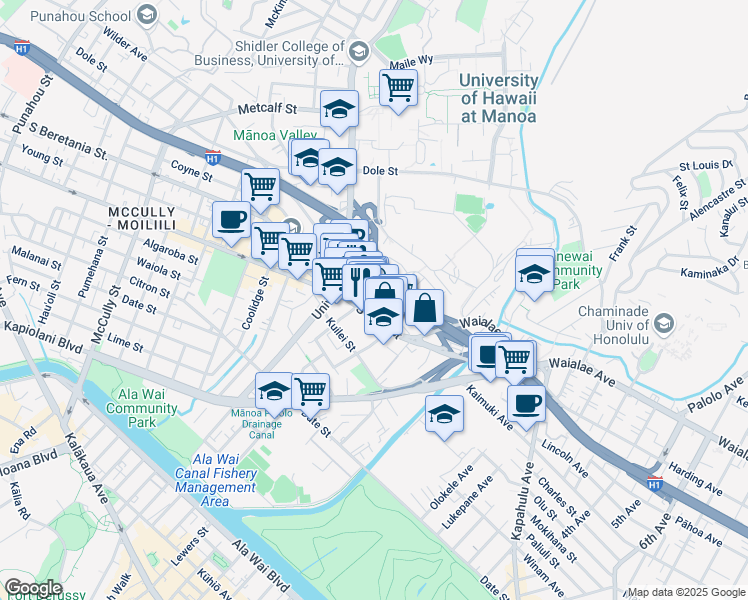 map of restaurants, bars, coffee shops, grocery stores, and more near 2718 South King Street in Honolulu