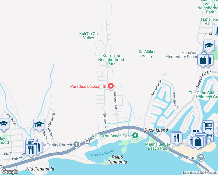 map of restaurants, bars, coffee shops, grocery stores, and more near 365 Elelupe Road in Honolulu