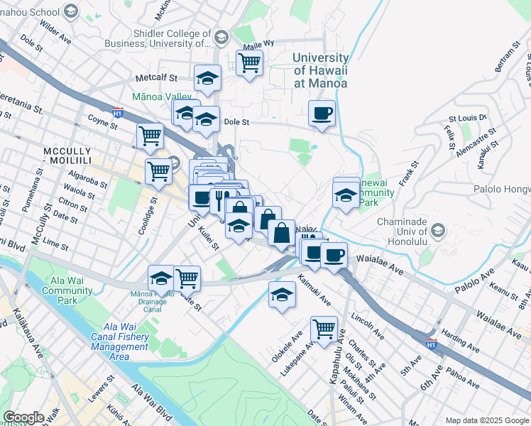 map of restaurants, bars, coffee shops, grocery stores, and more near 2934 Varsity Circle in Honolulu