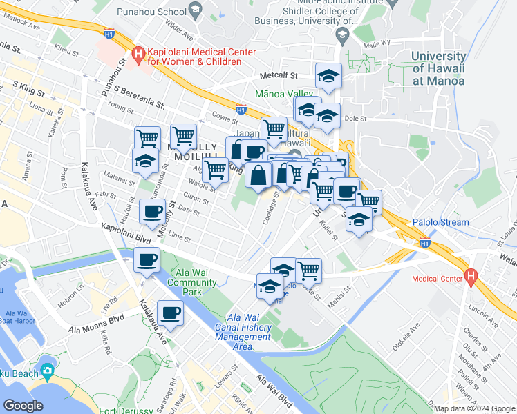 map of restaurants, bars, coffee shops, grocery stores, and more near 808 Coolidge Street in Honolulu