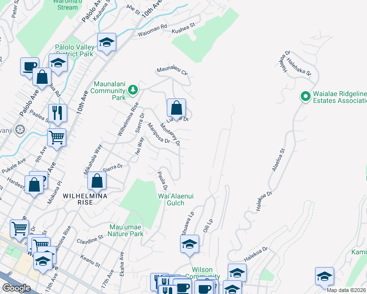 map of restaurants, bars, coffee shops, grocery stores, and more near 2021 Iwi Way in Honolulu