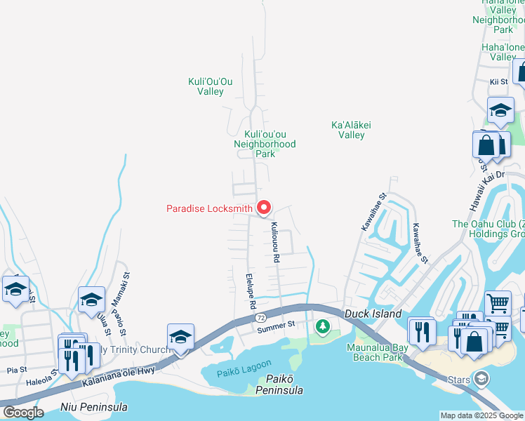 map of restaurants, bars, coffee shops, grocery stores, and more near 365 Elelupe Road in Honolulu