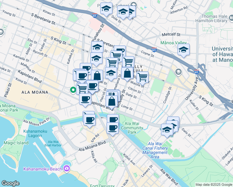 map of restaurants, bars, coffee shops, grocery stores, and more near 731 Pumehana Street in Honolulu