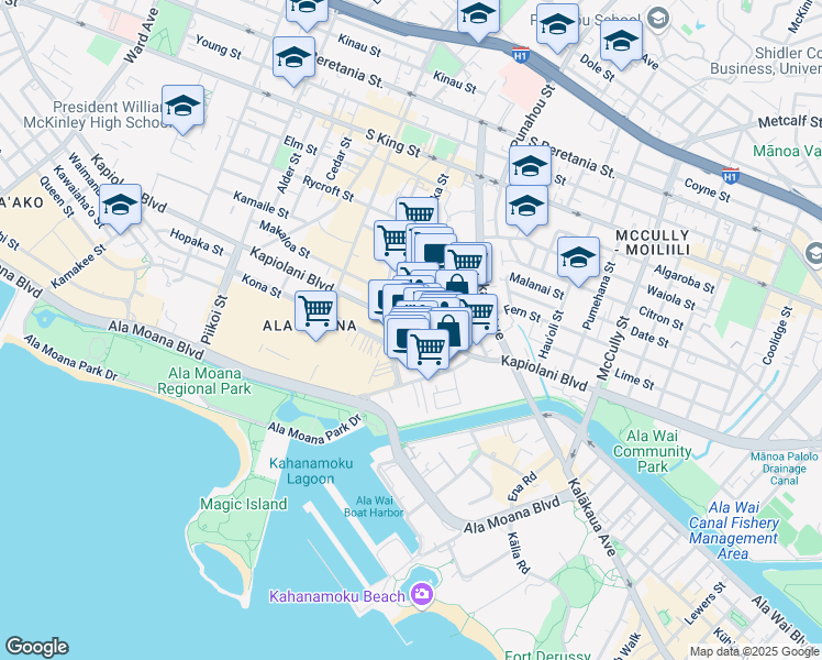 map of restaurants, bars, coffee shops, grocery stores, and more near 1637 Kapiolani Boulevard in Honolulu