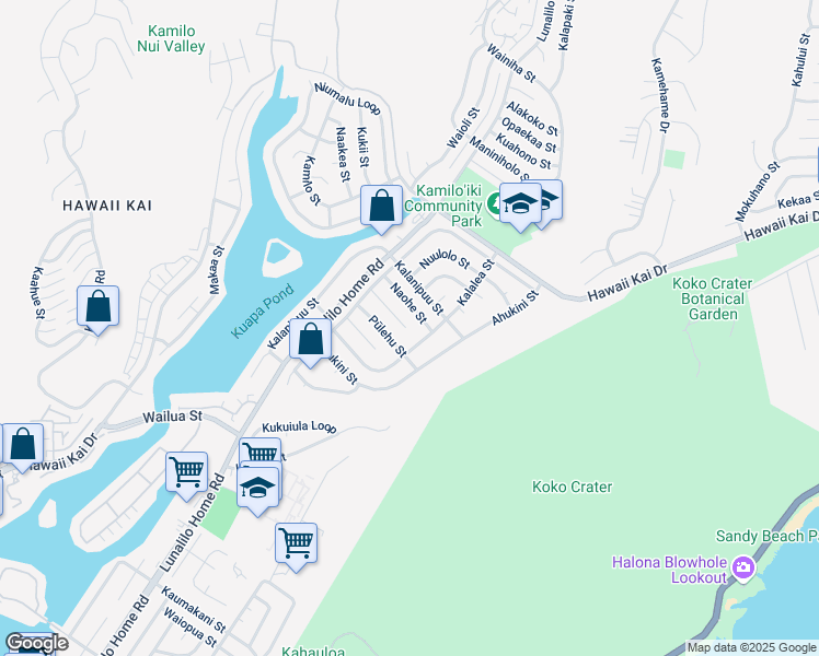 map of restaurants, bars, coffee shops, grocery stores, and more near 7239 Naohe Street in Honolulu