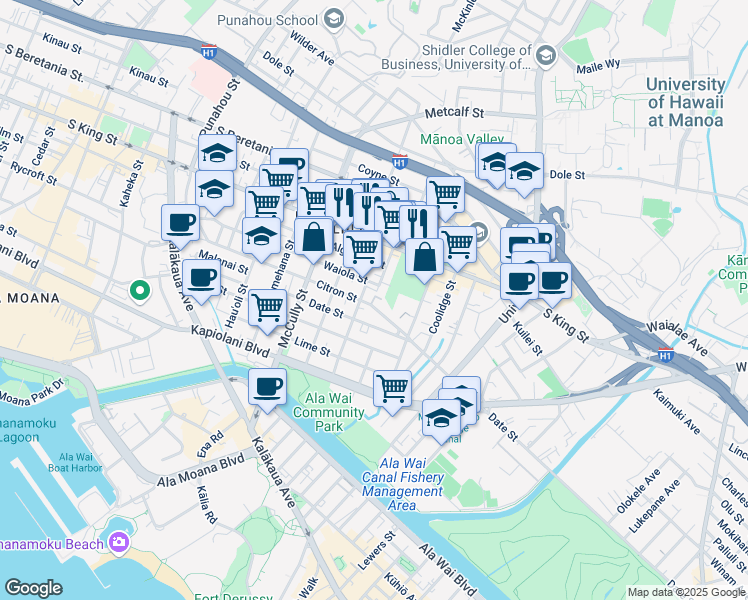 map of restaurants, bars, coffee shops, grocery stores, and more near 2135 Waiola Street in Honolulu