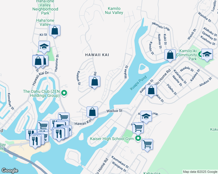 map of restaurants, bars, coffee shops, grocery stores, and more near 7151 Hawaii Kai Drive in Honolulu