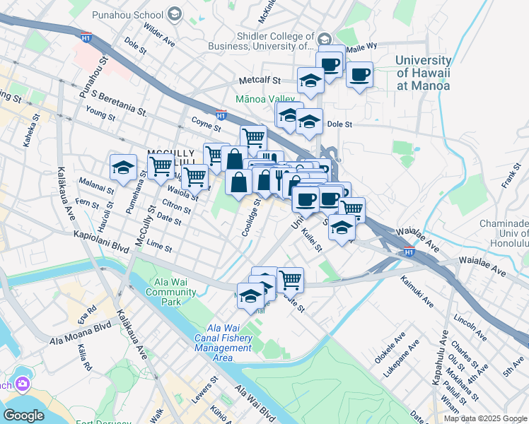 map of restaurants, bars, coffee shops, grocery stores, and more near 2471 South King Street in Honolulu