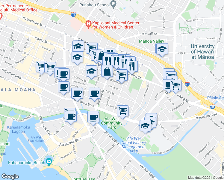 map of restaurants, bars, coffee shops, grocery stores, and more near 836 Wiliwili Street in Honolulu