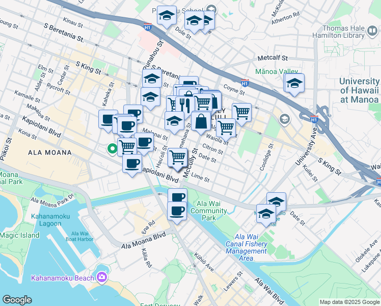 map of restaurants, bars, coffee shops, grocery stores, and more near 1929 Citron Street in Honolulu