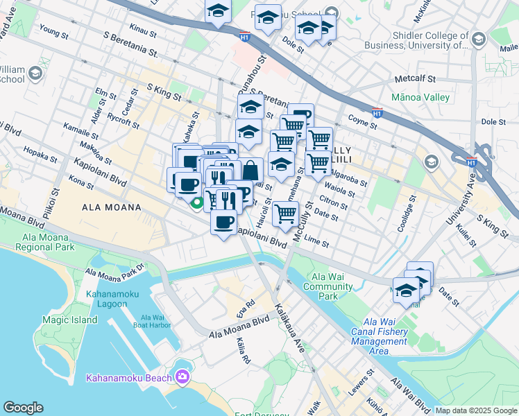 map of restaurants, bars, coffee shops, grocery stores, and more near 1743 Nanea Street in Honolulu