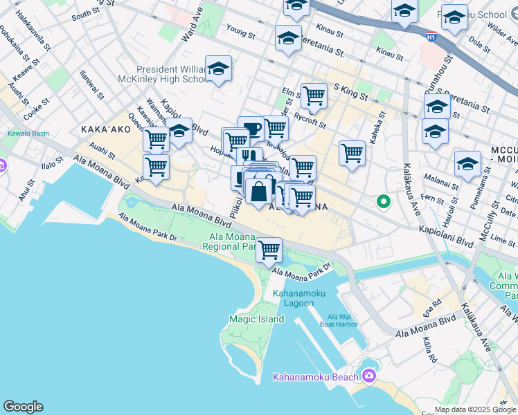 map of restaurants, bars, coffee shops, grocery stores, and more near 395429 Piikoi Street in Honolulu