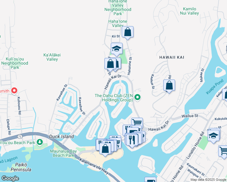 map of restaurants, bars, coffee shops, grocery stores, and more near 725 Kumukahi Place in Honolulu