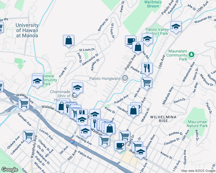 map of restaurants, bars, coffee shops, grocery stores, and more near 3251 Lamaloa Place in Honolulu